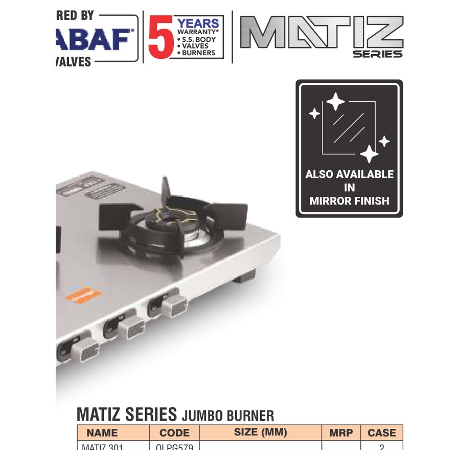 Orange Matiz 301 Jumbo (Mirror Finish) 3 Burner LPG Gas Stove