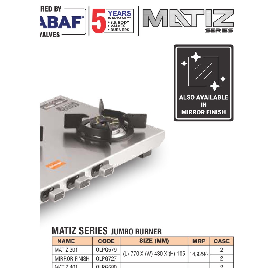 Orange Matiz 401 Jumbo (Mirror Finish) 4 Burner LPG Gas Stove
