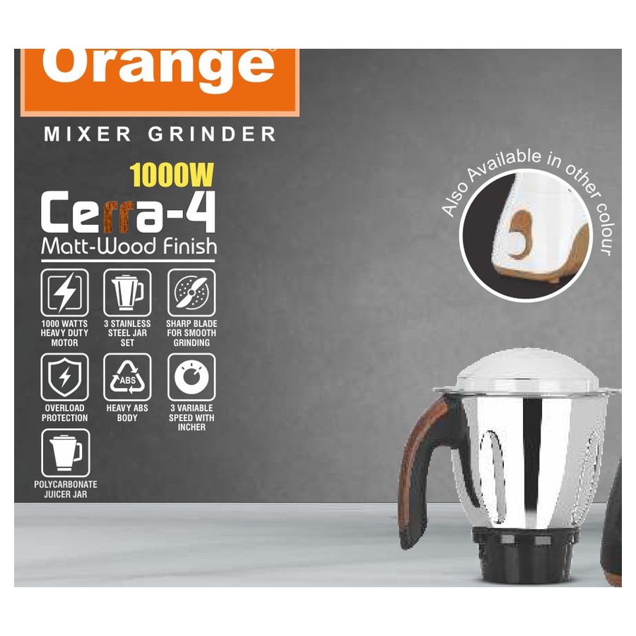 Orange Cera 1000W Matt-Wood Finish Mixer Grinder - 3 Jar (Matt-Brown)